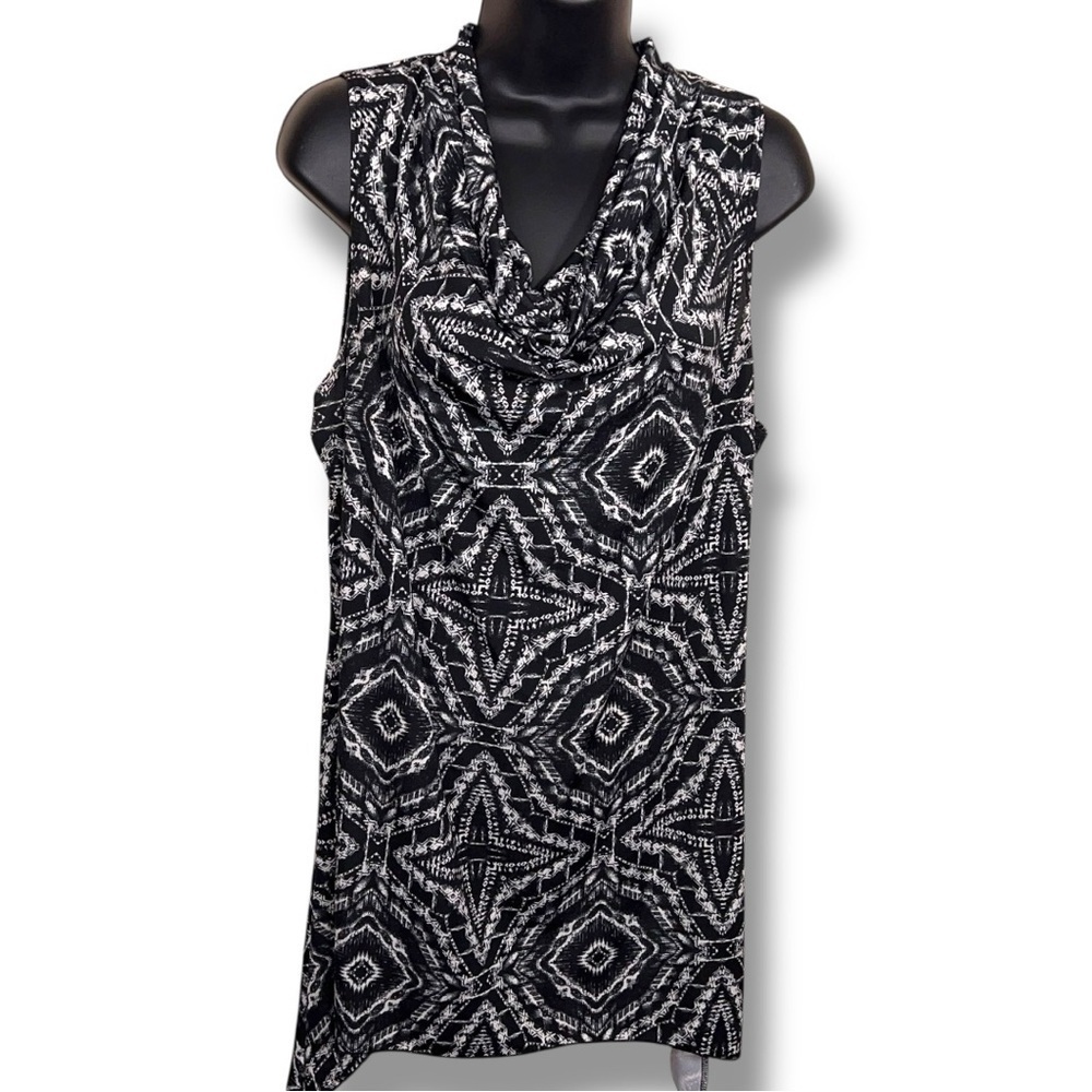 Large American City Wear Sleeveless Black White Geometric Print Top Cowl Neck